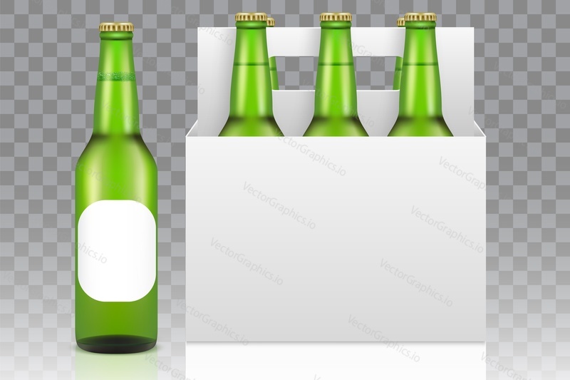 Six pack and bottle of beer mockup set, vector realistic illustration isolated on transparent background. Cardboard box with handle full of green glass beer bottles.