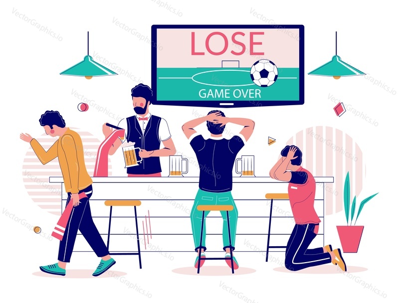 Sad football fans after lost match, vector flat illustration. Group of people soccer fans friends drinking beer and watching football game in sport bar, pub.