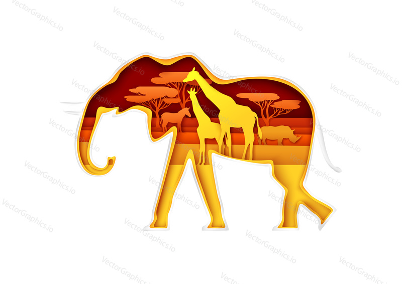Elephant silhouette with African nature, giraffes family, rhino, zebra inside, Safari park animals, vector illustration in paper art style. Save animals, protect wildlife. Travel. Multiple exposure.