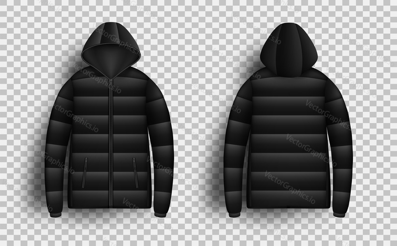 Black puffer jacket mockup set, vector illustration isolated on transparent background. Realistic modern hooded down jacket, padded coat, front and back view.