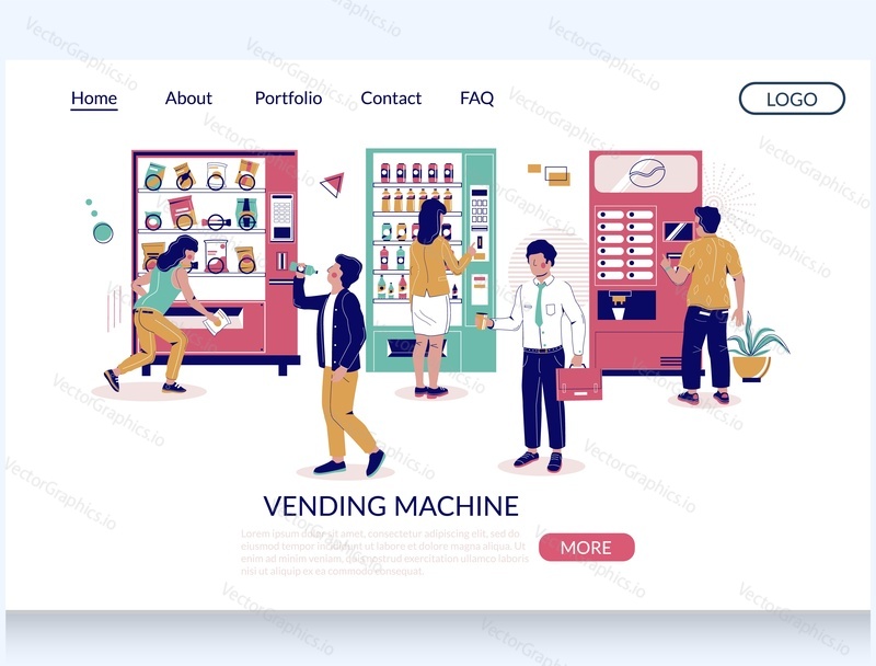Vending machine vector website template, landing page design for website and mobile site development. Automatic machines dispensing coffee, snacks, soda in exchange for money. Self-service technology.