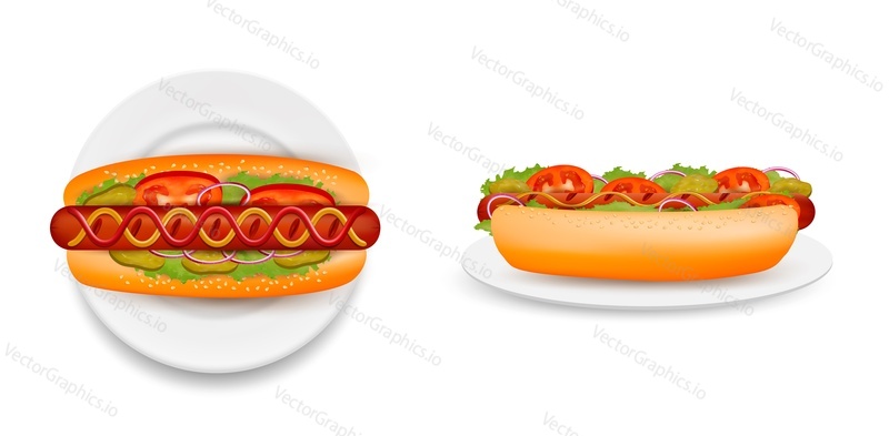 Delicious hot dog on plate, side and top view vector isolated illustration. Realistic hot dog bun with sausage, lettuce salad, tomato, cucumber, onion, ketchup mustard. Fast food restaurant menu.