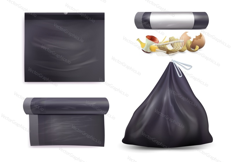Black trash bag mockup set, vector illustration isolated on white background. Realistic roll, empty and full of garbage plastic bags. Kitchen food waste bags, bin liners.