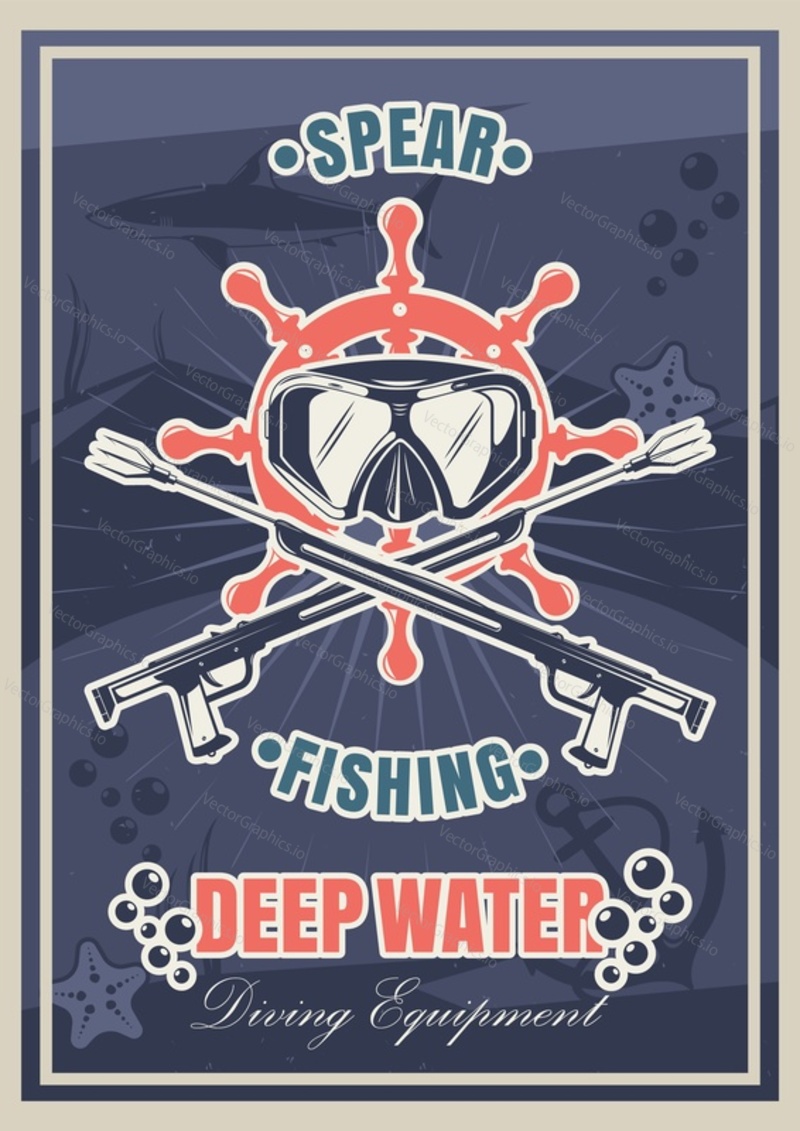 Diving and spearfishing vintage typography poster template, vector illustration. Diving equipment for underwater hunting. Snorkeling and spearfishing recreational sport.