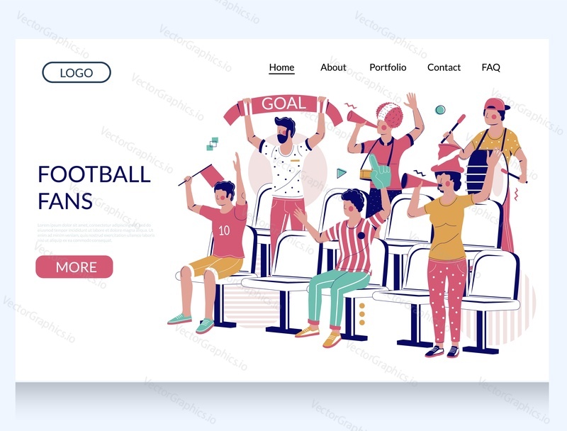Football fans vector website template, landing page design for website and mobile site development. Group of people supporting their favorite team during football match at the stadium.