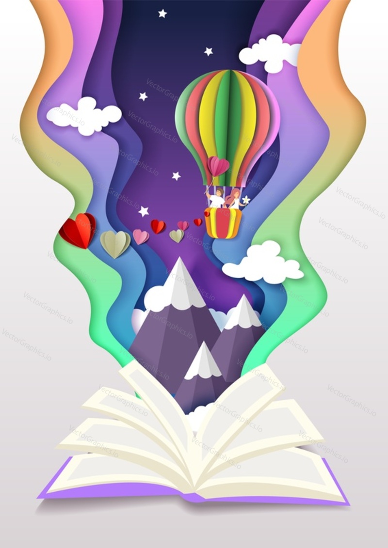 Open book with romantic couple in love flying in hot air balloon high in the sky over mountain peaks. Vector illustration in paper cut craft style. Romantic love stories concept.