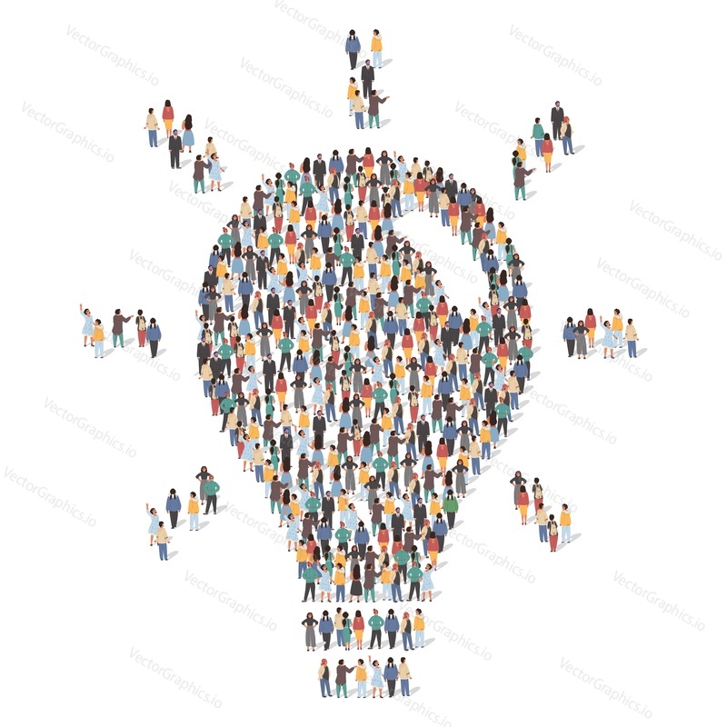 Large group of people standing together in the shape of lightbulb, flat vector illustration. People crowd gathering. Creative and global idea, innovation concept.