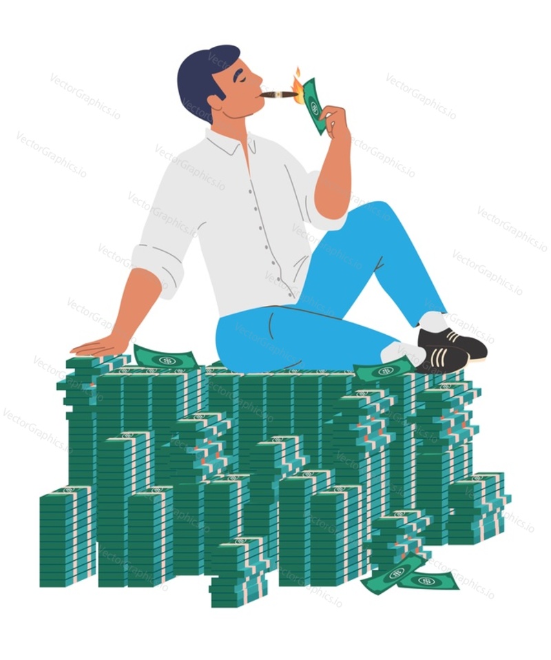 Rich man sitting on cash money stack and setting fire to dollar bill, flat vector illustration. Wealthy businessman, successful millionaire. Financial success, wealth.