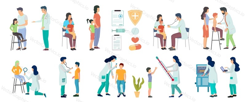 Pediatrician doctors and patients, flat vector isolated illustration. Parents with kids visiting doctor. Physician examining kids. Children medical checkup. Medicine and health care.