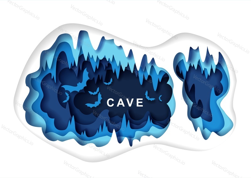Paper cut craft style dark underground cave interior with bat silhouettes, vector illustration. Speleology or cave science, sport tourism, underground adventure. Geology.