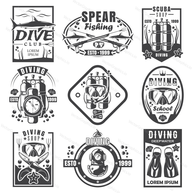 Scuba diving and spearfishing vintage logo, badge, emblem set, vector monochrome illustration. Deep diving school, club, shop black labels isolated on white background. Underwater adventure.