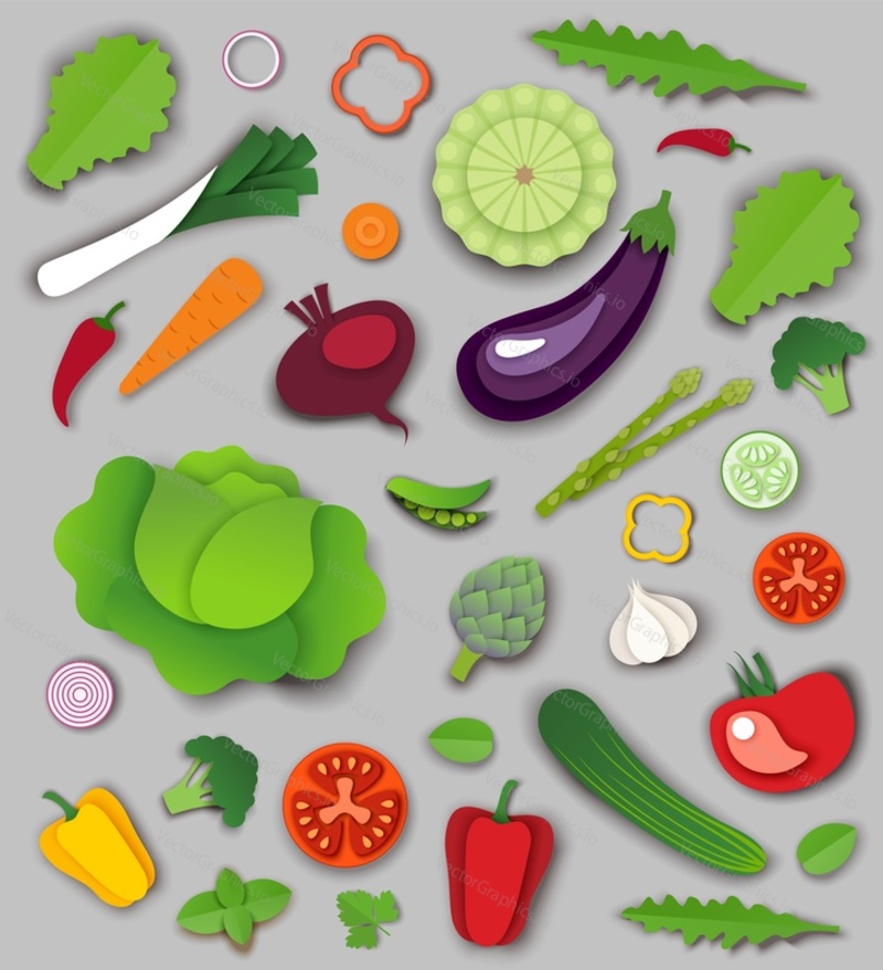 Vector paper cut craft style fresh vegetables and greens. Carrot, asparagus, beet, tomato, eggplant, cucumber, garlic, onion, pepper, celery broccoli peas. Natural organic food and healthy nutrition.