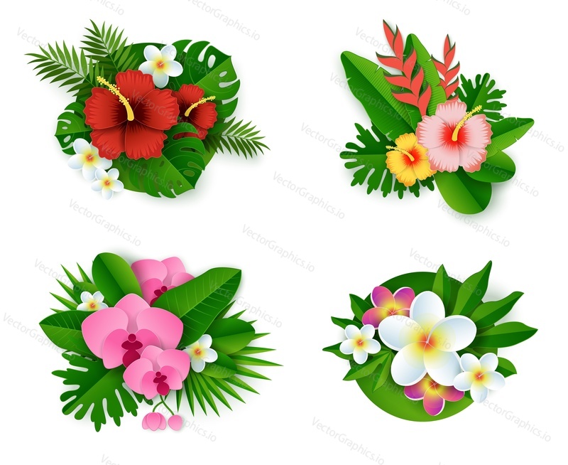Floral tropical composition set, vector isolated illustration. Bouquets of paper cut monstera, palm leaves, hibiscus, frangipani, orchid flowers. Exotic flowers and plants for party invitation, card.