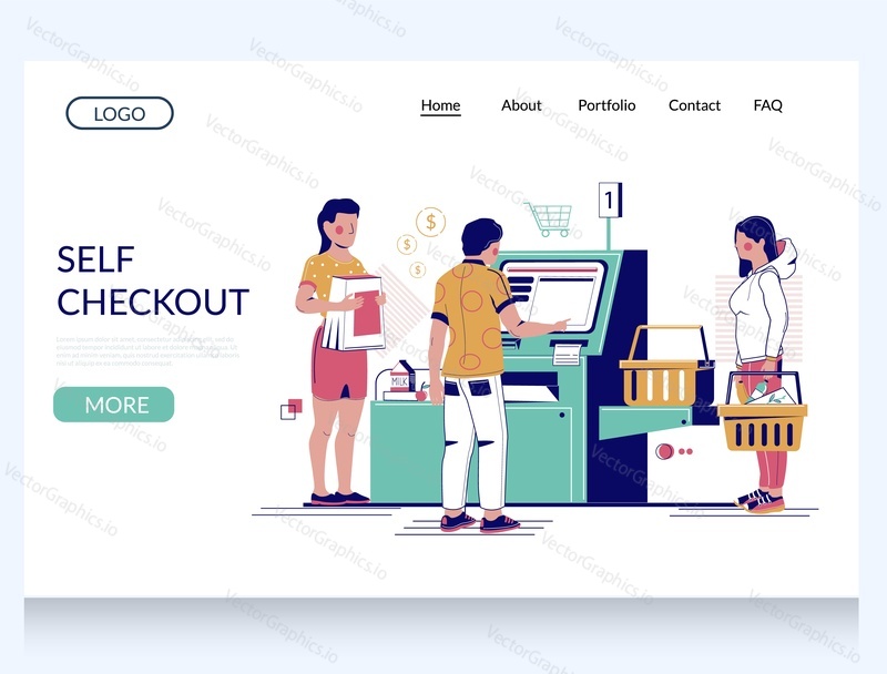 Self checkout vector website template, landing page design for website and mobile site development. Couple buying food at grocery store or supermarket self checkout.