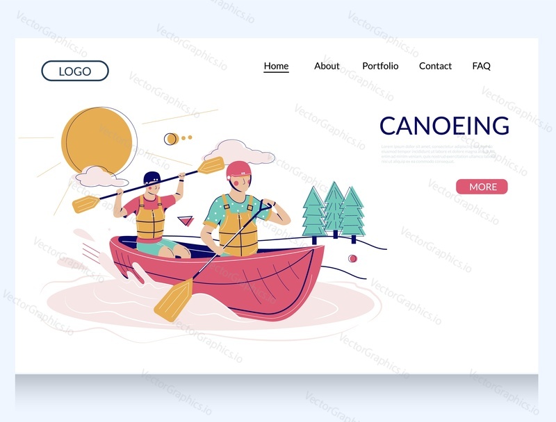 Canoeing vector website template, landing page design for website and mobile site development. Two men rowing canoe boat. Canoeing, extreme water sports, canoe adventures.