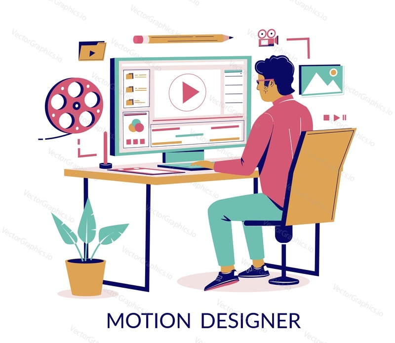 Motion designer animator working on computer creating animated video while sitting at desk, vector flat isometric illustration. Motion graphic studio services concept for web banner, website page etc.