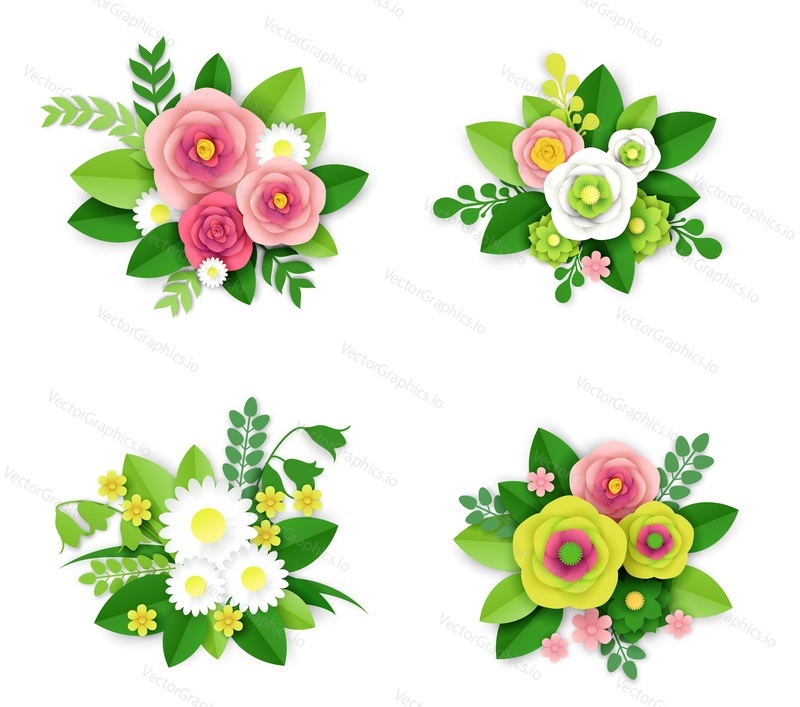 Floral composition set, vector isolated illustration. Bouquets of paper cut craft style pink, yellow roses, white daisy flowers and green leaves. Spring and summer flower arrangements.