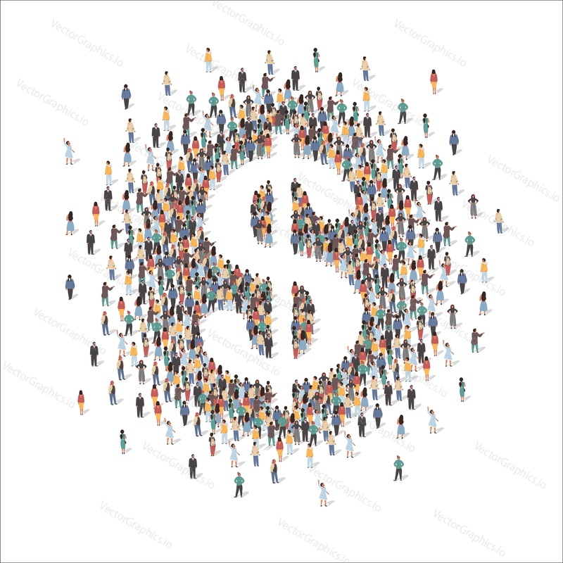 Large group of people forming US dollar sign standing together, flat vector illustration. People crowd gathering. Business, finance, banking symbol.