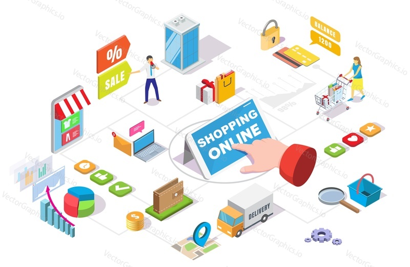 Online shopping isometric flowchart, vector illustration. Ecommerce, internet store sales and deals, mobile payment symbols, female cartoon character with shopping cart. Online ordering and delivery.