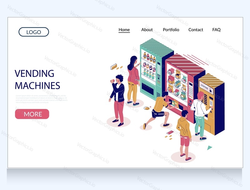 Vending machines vector website template, landing page design for website and mobile site development. Isometric automatic vending machine set and characters buying coffee, snacks and soft drinks.