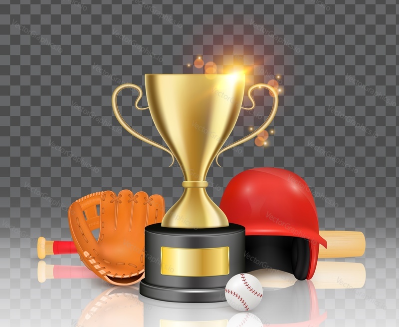 Baseball sport game championship winner award, vector illustration. Realistic gold cup, baseball mitt, helmet, ball and bat on transparent background.