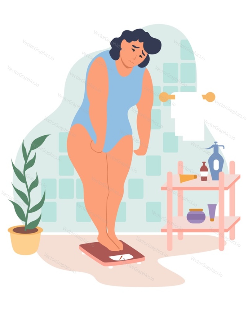 Obesity and weight problems. Sad overweight woman weighing on weight scale, flat vector illustration. Unhealthy eating and lifestyle.