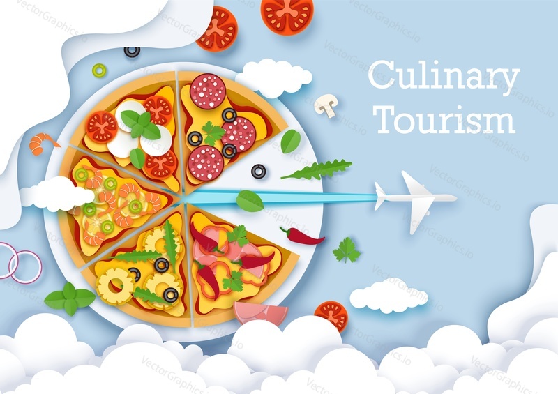 Culinary tourism vector poster, banner template. Paper cut plane flying out of big delicious italian pizza. Gastronomic tour. Travel food experience. Italian traditional food. World culinary tours.