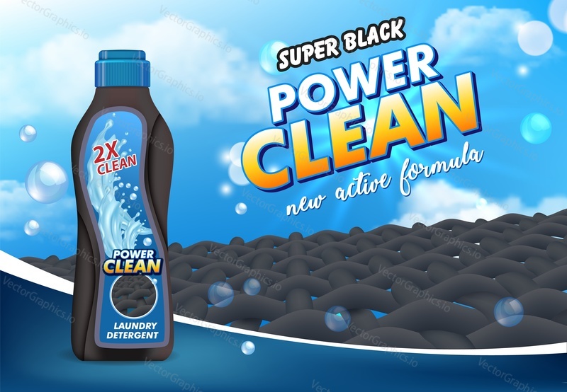 Liquid laundry detergent advertising poster template. Vector 3d illustration. Super black power clean laundry detergent in realistic plastic bottle with label, fabric structure, soap bubbles.