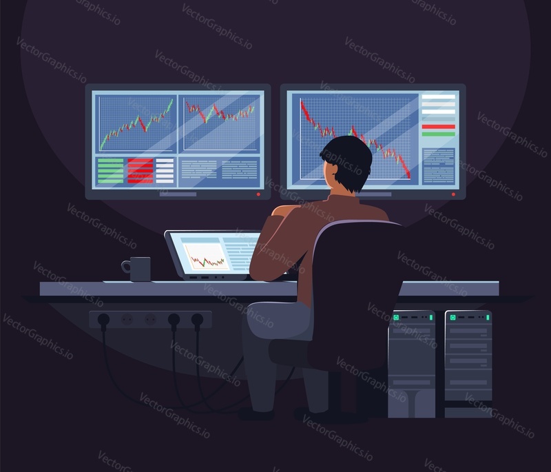 Stock trader, broker, male cartoon character sitting at trader desk in front of computer screen, flat vector illustration. Trading room interior. Stock market data.