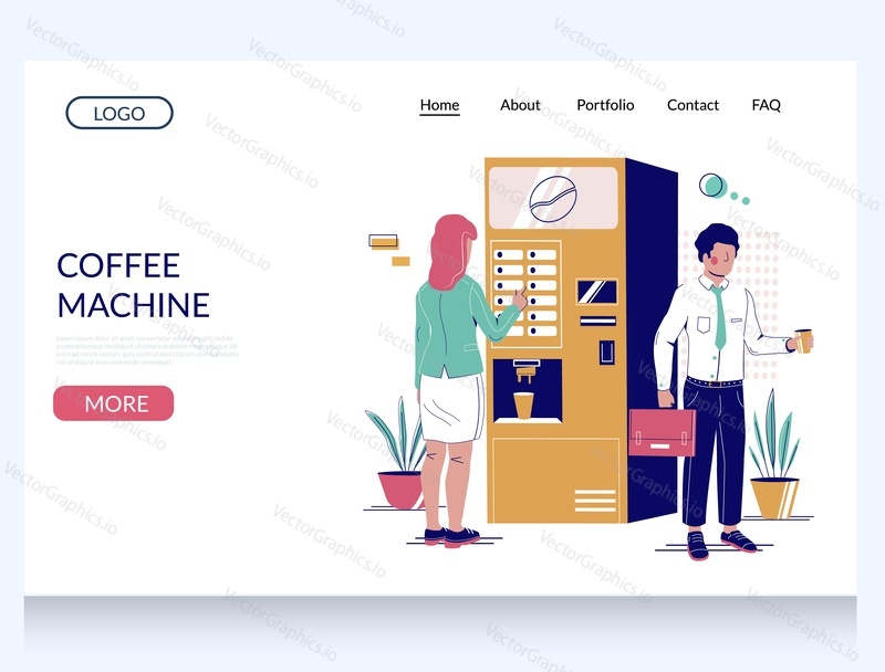 Coffee machine vector website template, landing page design for website and mobile site development. Vending coffee machine business.