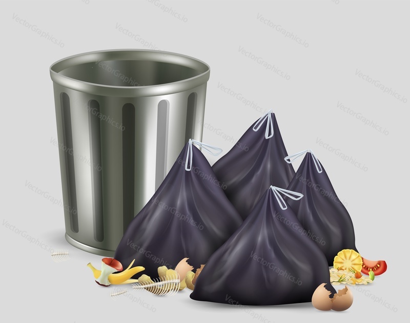 Пустое мусорное ведро или кухонный контейнер для мусора и полные пластиковые мешки для мусора, векторная иллюстрация. Пищевой мусор, органические отходы.