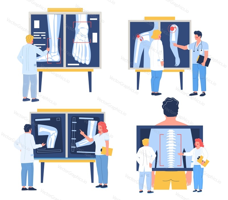 Osteopath examining xray pictures of patient joints, spine bones, flat vector illustration. Shoulder, elbow, knee, foot arthritis, spinal disease. Osteoarthritis, osteoporosis, osteopathy chiropractic