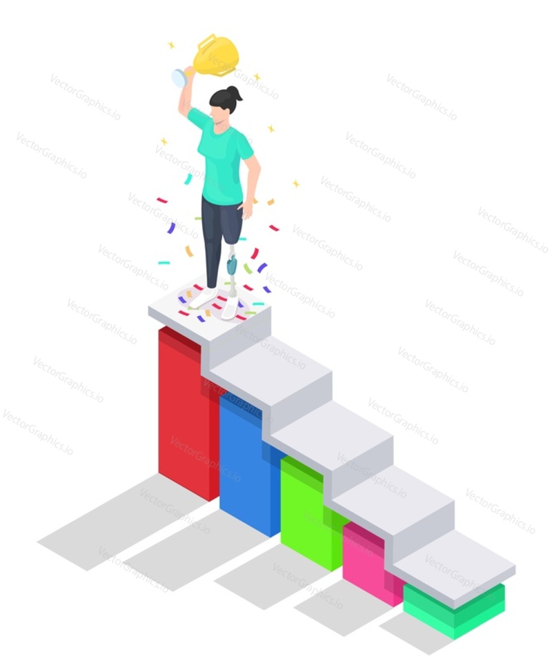 Isometric woman with disabilities, standing on the top of bar graph with gold trophy cup, flat vector illustration. Girl using leg prosthesis celebrating victory. Path to success, goal achievements.