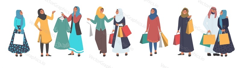 Muslim people shopping, male and female cartoon character set, flat vector isolated illustration. Happy arab girls wearing traditional arabic dress and hijab with shopping bags. Hijab women fashion.