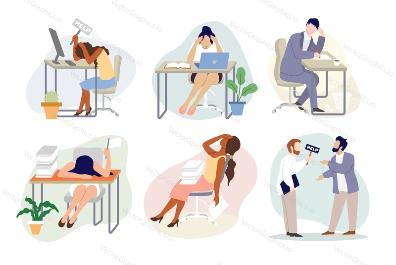 Stressed exhausted tired business people at workplace, vector flat isolated illustration. Overworked stressed people sitting at tables, arguing with each other, holding help sign. Emotional burnout.