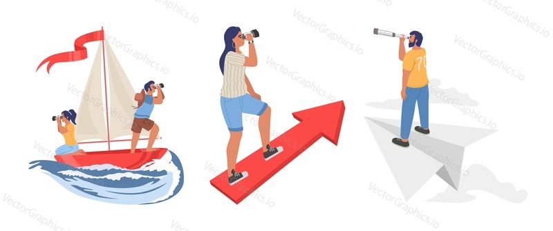 People looking through telescope floating on boat, flying on paper plane, standing on rising arrow, flat vector illustration. To look forward, view to the future, search of new opportunities and ideas