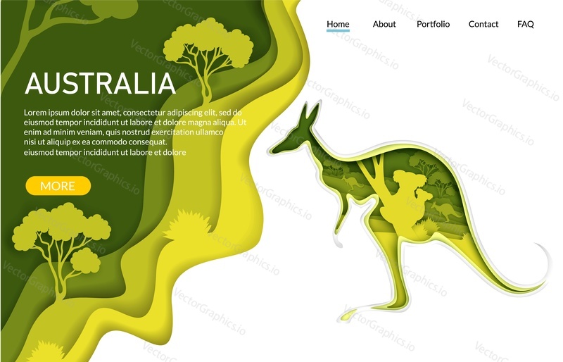 Australia vector website template, landing page design for website and mobile site development. Paper cut craft kangaroo silhouette with Australian nature, koala bears inside. Travel to Australia.