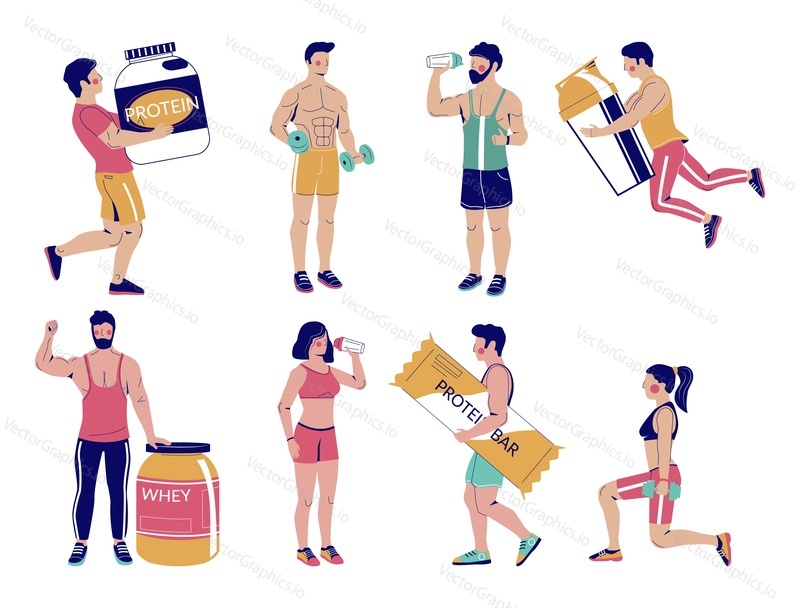 Fitness people with sports nutrition, vector flat isolated illustration. Bodybuilders training, drinking protein shake, holding whey protein powder jar. Weight training and bodybuilding nutrition.