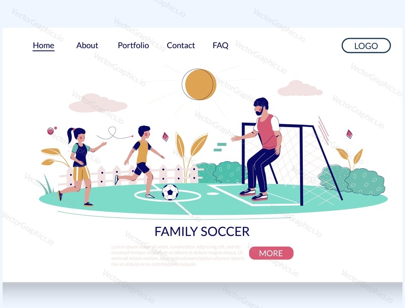 Family soccer vector website template, landing page design for website and mobile site development. Father playing soccer with his kids. Healthy and active lifestyle.
