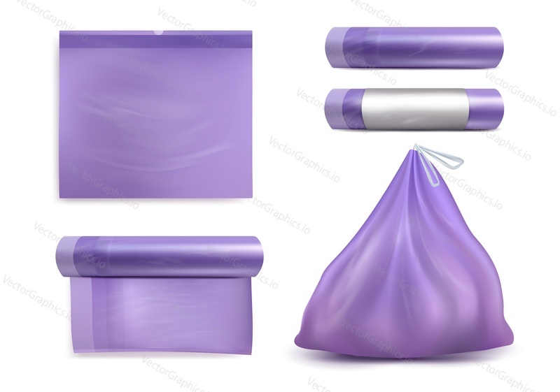 Trash bag mockup set, vector illustration isolated on white background. Realistic roll, empty and full of garbage plastic bags.