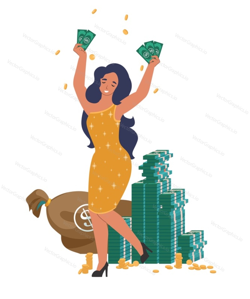 Rich woman with dollar bills in hands standing in money rain, flat vector illustration. Beautiful wealthy business woman, lady millionaire, happy lottery winner. Financial success, wealth.