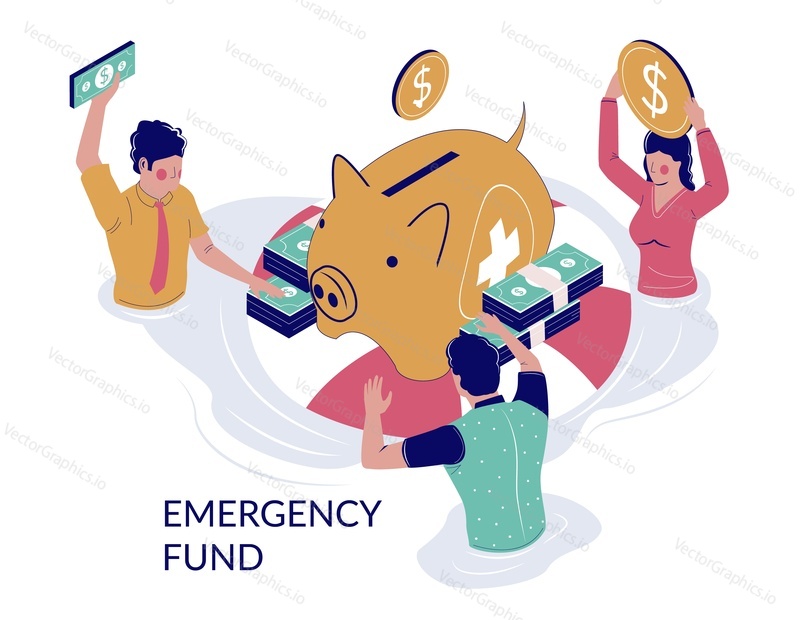 Emergency fund, vector flat illustration. People putting money into piggy bank. Saving money for future unexpected and unplanned expenses concept for web banner, website page etc.