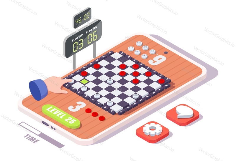Isometric checkerboard, hand playing checkers on smartphone screen, flat vector illustration. Mobile gaming. Checkers board game on mobile phone.