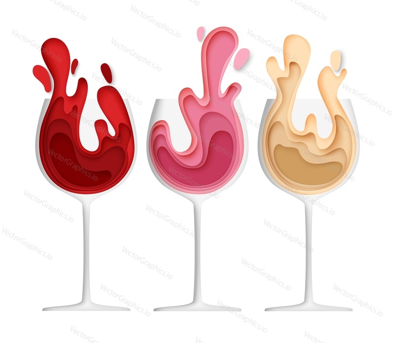 Wineglass with wine splash, vector illustration in paper art style. Red, pink, white wine in glasses for restaurant menu, wine bar logo, card, poster, banner, flyer, label.