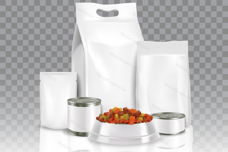 Pet food pack mock up set, vector illustration. Realistic white blank paper or foil bag with handle, stand up foil pouch bag, tin can packaging templates and bowl with dry pet food.