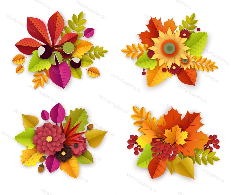 Floral autumn decoration with 3d paper cut flowers and leaves. Vector set of fall flowers bouquets. Paper art style illustration.