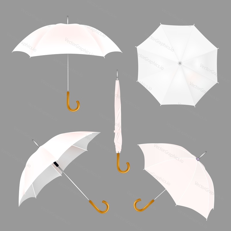 White umbrella mockup set, vector illustration isolated on white background. Realistic waterproof folded and opened parasols in various positions.