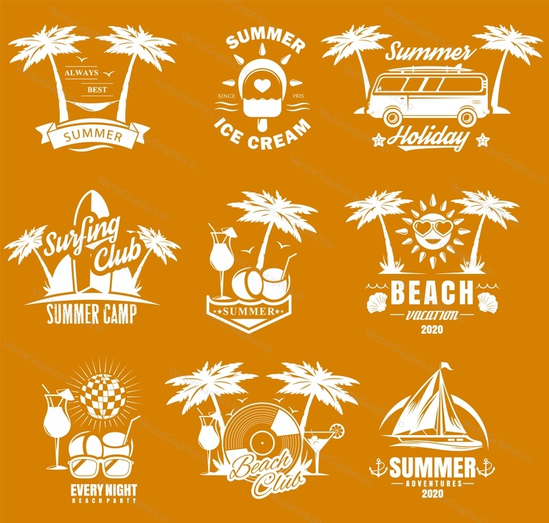 Summer time travel vintage logo, label, badge set, vector illustration. Surfing summer camp, bus trip, beach club, disco night party white emblems on orange background.