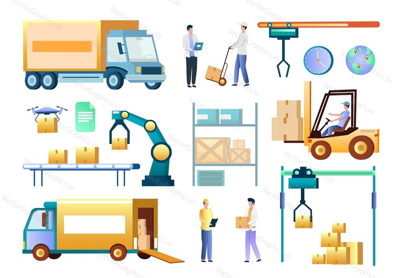 Isometric warehouse workers and equipment, vector isolated illustration. Truck, forklift, automated robotic arm, cardboard boxes, conveyor belt. Logistic warehouse services, delivery, transportation.