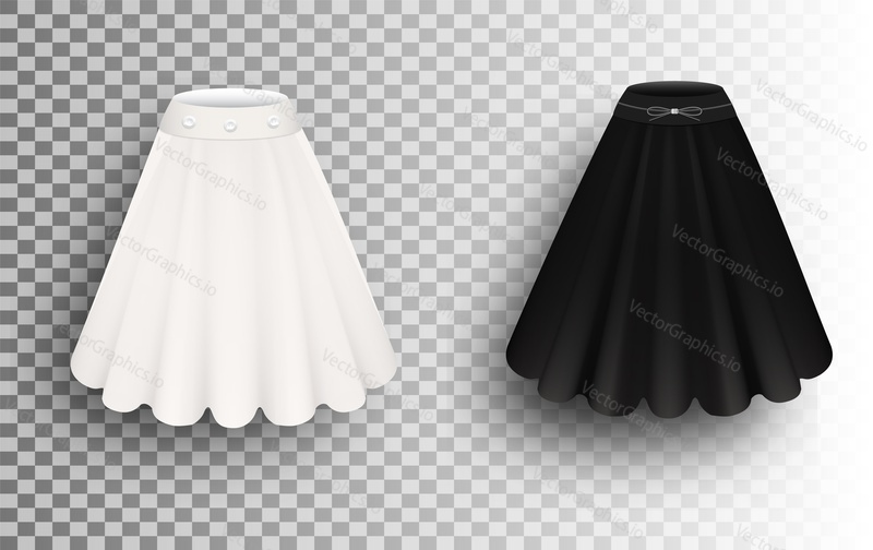 Black and white fluffy skirt mockup set, vector illustration isolated on transparent background. Women apparel, ladies clothing and fashion.